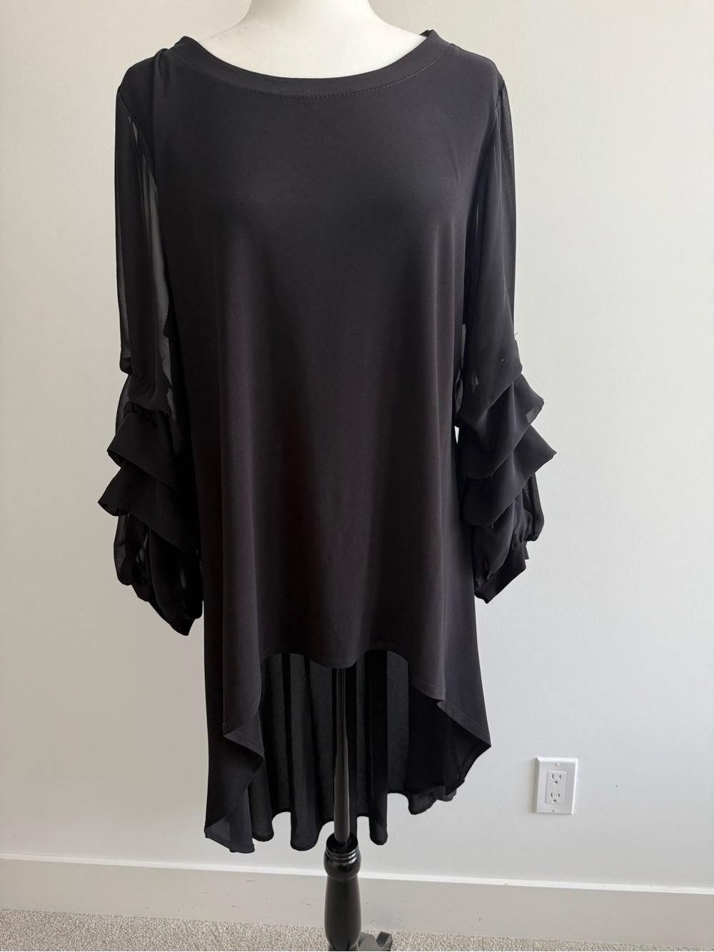 Black Ruffle-Sleeve Asymmetric Hem Blouse